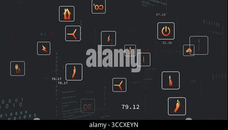 Displaying floating energy icon frames with metrics on virtual dashboard, streaming binary code Stock Photo