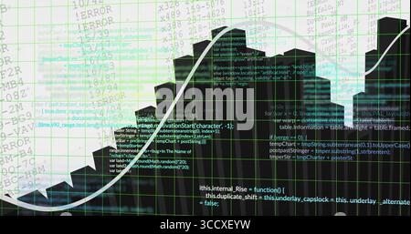 Displaying white line graph crossing black city skyline in dashboard with green grid code errors Stock Photo