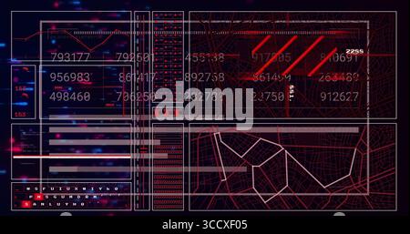 Displaying interface showing bar charts at control room, with line chart and route map grid Stock Photo