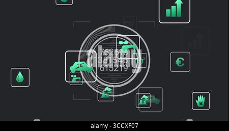 Displaying central circular digital gauge and large numeric readouts on dashboard, with green icons Stock Photo