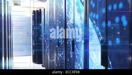 Glowing server racks lining data center corridor, with illuminated LED lights and network cables Stock Photo