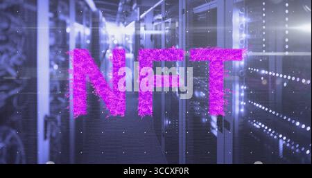 Displaying fuzzy neon pink holographic NFT letters in dim data center corridor, with blinking LEDs Stock Photo