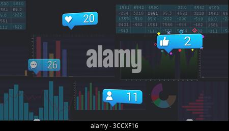 Displaying blue notification bubble showing heart count on data dashboard, with data visualizations Stock Photo