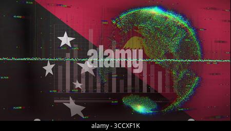 Displaying pixelated globe glitching on dashboard with bar chart stars gridlines, copy space Stock Photo