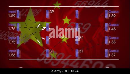 Displaying network layers at red flag background, with input or output charts, nodes, arrows, overla Stock Photo