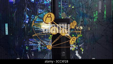 Displaying network node overlay connecting server rack cables in data center, showing status LEDs Stock Photo
