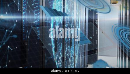 Displaying black server racks glowing with LEDs and holographic world map in tech data center Stock Photo