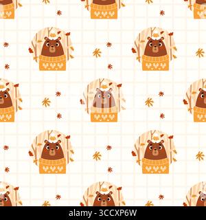 Seamless pattern with Cute Autumn Bear in Cozy Sweater with Fall Leaves on white checkered background. Funny Cartoon Forest Animal character. Vector i Stock Vector