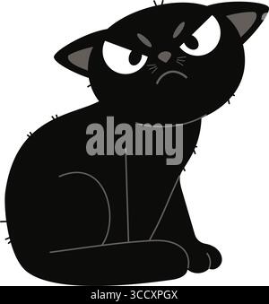 Angry black cat. Funny cartoon Pet on White Background. Vector illustration in flat style. Not AI Stock Vector