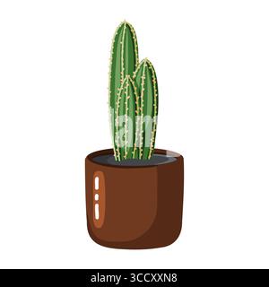 A simple and charming hand drawn illustration of a tall cactus plant in a brown pot. The cactus features thin spines and is an ideal decorative elemen Stock Vector