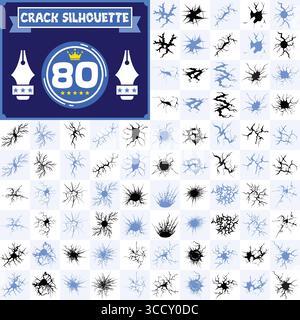 Collection of crack silhouettes in black and blue on a white background in a grid pattern Stock Vector