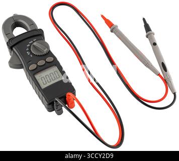 Digital multimeter with probes, measuring device, on a white background in isolation. Stock Photo