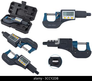 Compact electronic micrometer with LCD screen on a white background. Stock Photo