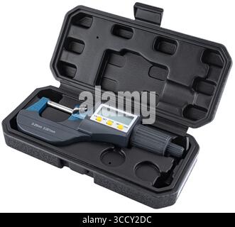 Electronic micrometer with LCD screen for precise measurements of parts. On a white background in isolation. Stock Photo