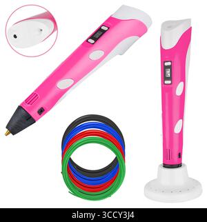 Ultra-thin 3D pen with precise temperature control. On a white background in isolation. Creates complex and detailed models. Stock Photo