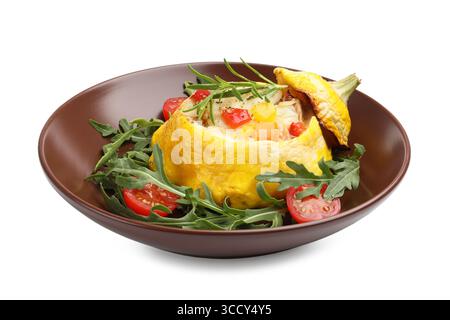 Tasty stuffed pattypan squash with tomatoes and arugula isolated on white Stock Photo