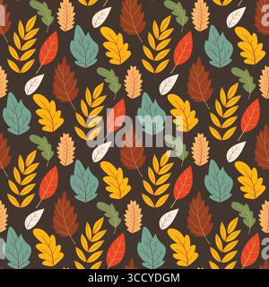 Autumn forest seamless pattern. Colorful foliage of different trees on dark background. Fall season print for textile, fabric, packaging, design, Stock Vector
