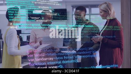 Reviewing code, tech team collaborating in modern office with laptop smartphone code overlay Stock Photo