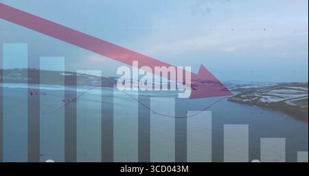 Displaying gray bar chart with purple line, red markers and arrow over snow-dusted hills and river Stock Photo