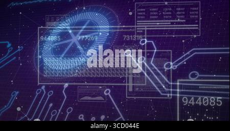 Displaying circular visualization rotating in purple grid with numbers, circuit traces and frames Stock Photo