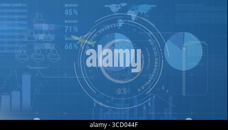 Circular HUD 3D globe visualization rotating in dashboard, with airplane icon and bar charts Stock Photo