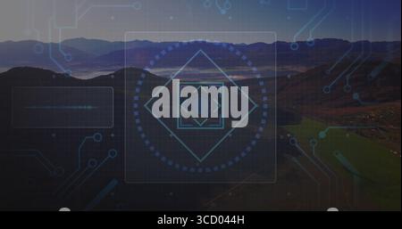 Displaying targeting interface overlay hovering above rural valley panorama, with diamond reticle Stock Photo