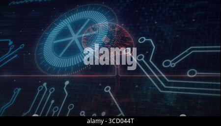 Displaying red neural network brain glowing on dark grid plane, with blue HUD and circuit lines Stock Photo