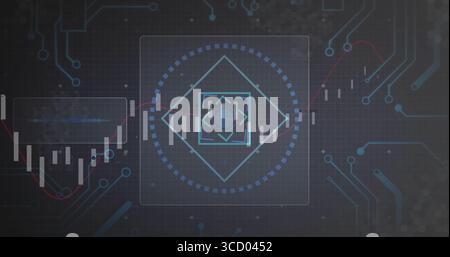 Displaying translucent panel showing interface on dashboard, with candlestick bars and line graphs Stock Photo