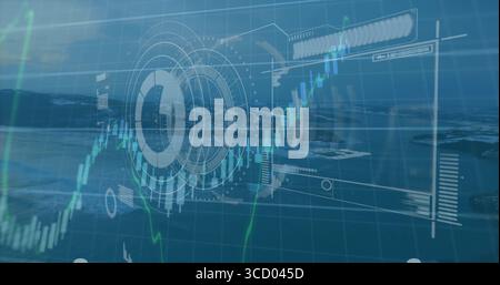Displaying concentric holographic rings over water, with data panels, line charts and grid overlay Stock Photo