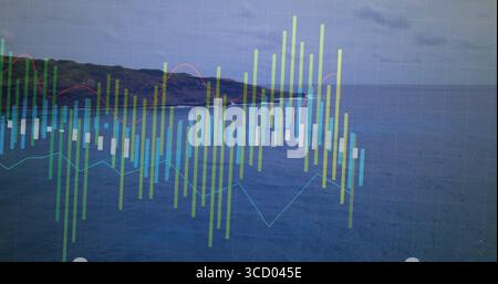 Displaying translucent chart across coastline with multicolored bars, red cyan lines and grid Stock Photo