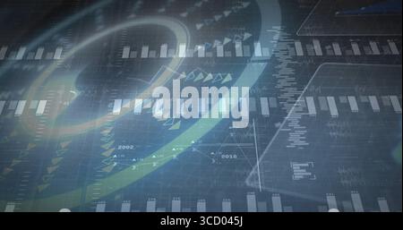 Digital dashboard displaying bar and line graphs with light trails, arrow markers, and year labels Stock Photo