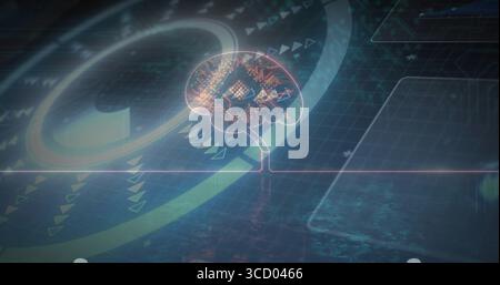 Stylized brain graphic projecting circuitry patterns on stem in hologram, with grid plane and arcs Stock Photo