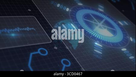 Displaying circular HUD monitoring overlays on dark grid, with holographic globe and pulse waveform Stock Photo