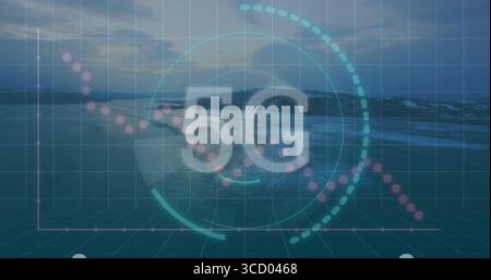 Displaying semi-transparent 5G text overlaying ocean view with HUD circles, dotted lines, grid axes Stock Photo