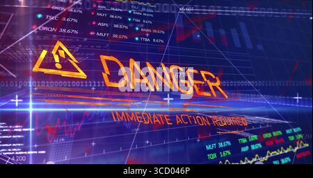 Yellow hazard icon and DANGER flashing in dashboard with IMMEDIATE ACTION REQUIRED stock tickers Stock Photo