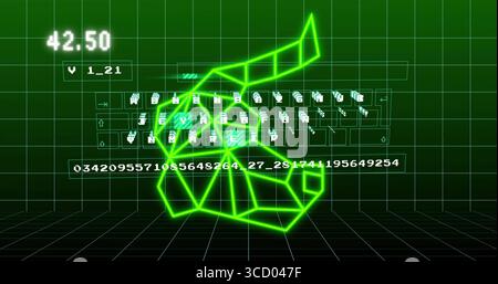 Floating neon-green polyhedron over green 3D grid, displaying icons, data with 42 Stock Photo