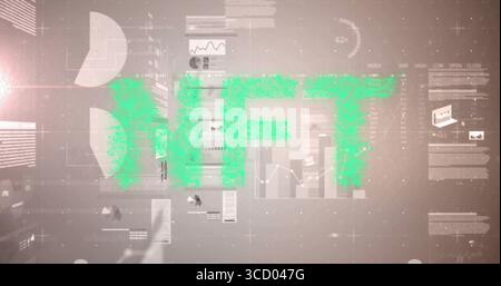 Displaying pixelated green NFT acronym floating over dashboard with chart elements and data tables Stock Photo