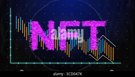 Displaying stylized magenta NFT letters over dark grid in virtual crypto chart, showing neon bars Stock Photo