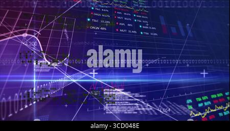 Streaming digital visualization shifting across screen with binary streams, line charts and tickers Stock Photo
