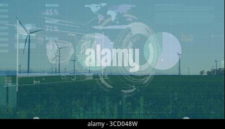 Displaying wind turbines overlaying circular HUD graphics and bar charts on farmland, with metrics Stock Photo