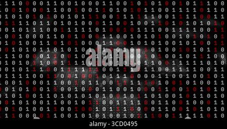 Streaming white and red binary digits forming grid on dark digital display, with layered overlap Stock Photo