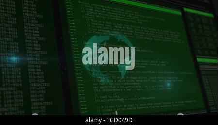 Displaying code window in code editor interface, with green code, globe overlay and redacted tags Stock Photo