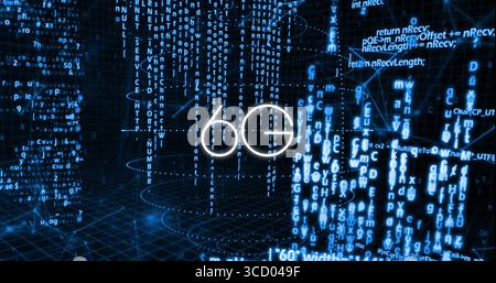 Glowing 6G emblem hovering in virtual cyberspace, with code streams and dotted data-flow lines Stock Photo