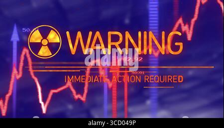 Displaying radiation hazard symbol and WARNING text on monitor GUI, with IMMEDIATE ACTION REQUIRED Stock Photo