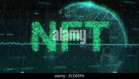 Pulsing pixelated NFT letters in cyberspace net, with wireframe globe and numeric data waveform Stock Photo