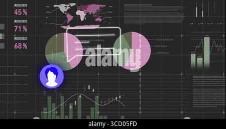 Displaying data dashboard on dark grid, with world map, pie charts, chat UI and avatar Stock Photo