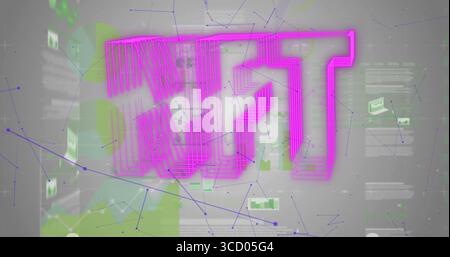 Floating neon pink Chinese text ?? dominating computer dashboard, with green network charts Stock Photo