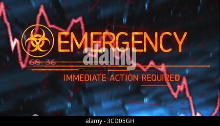 Displaying alert showing biohazard symbol and red EKG waveform on PC display with EMERGENCY warning Stock Photo