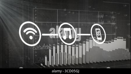 Displaying three connected icons in dashboard, showing Wi-Fi, music note, smartphone with 3D charts Stock Photo