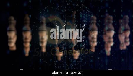 5G 5th Gen logo floating over wireframe globe in cyberspace, green binary streams, blurred faces Stock Photo